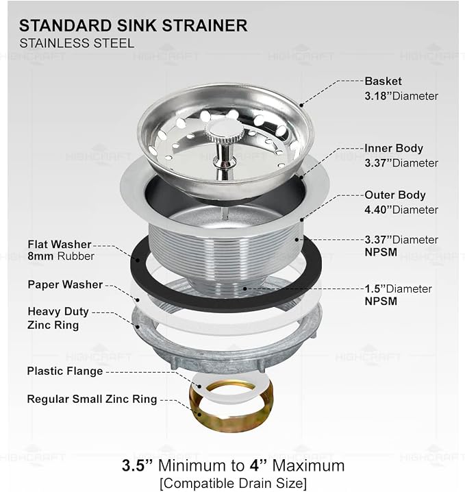 Highcraft 9733 Kitchen Sink Stainless Steel Drain Assembly - Image 5