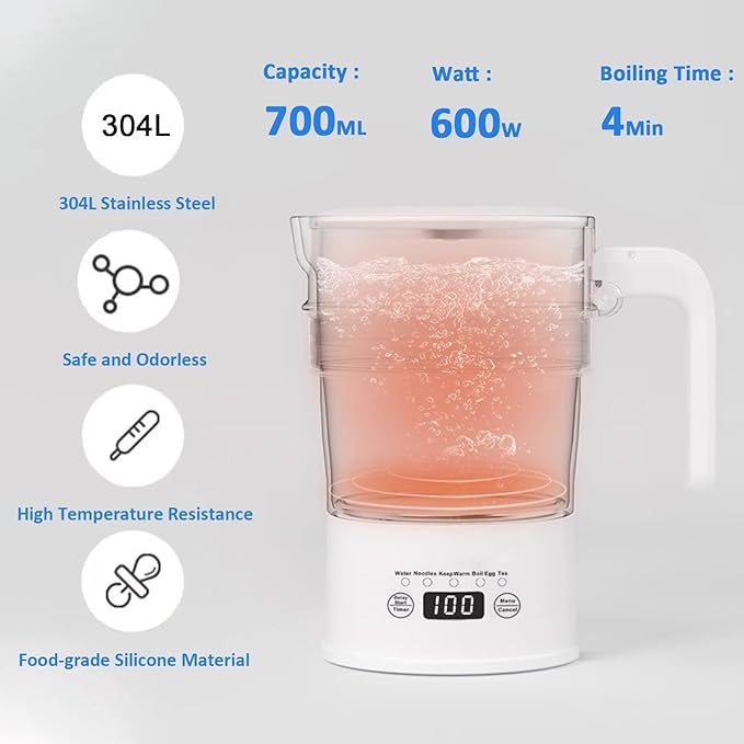 Travel Foldable Electric Kettle, 700ML Hot Water Kettle with Multifunctional Panel, Collapsible Small Boiling Water Kettle with Keep Warm & Delay Start, BPA-Free, 600W, 304 Stainless Steel, White