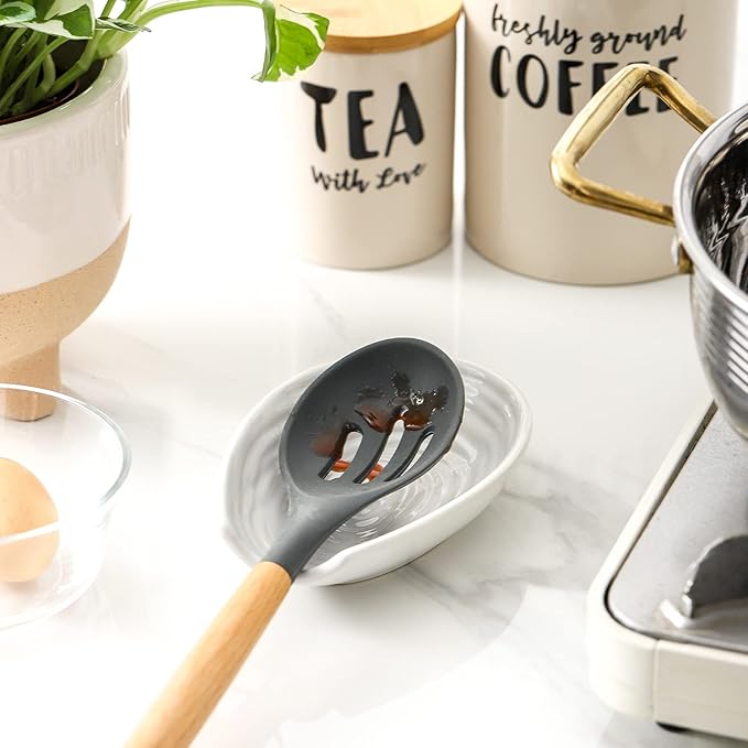 Hasense Ceramic Spoon Rest for Kitchen Counter, 5.7 Inch White Porcelain Spoon Holder for Spatula, Ladle and Tong, Farmhouse Cooking and Coffee Spoon Rest for Stove Top, 1 PC