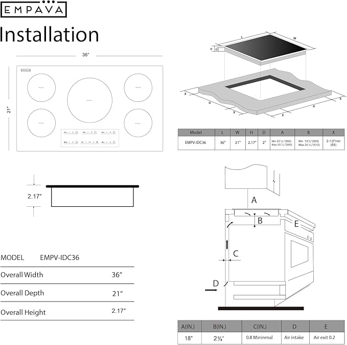 Empava 36 Inch Built-In Electric Induction Cooktop, 5 Zone Smooth Glass Surface, Touch Sensor Panel, Power Boost, Timer Control, Child Lock Feature, Hardwired Kitchen Appliance