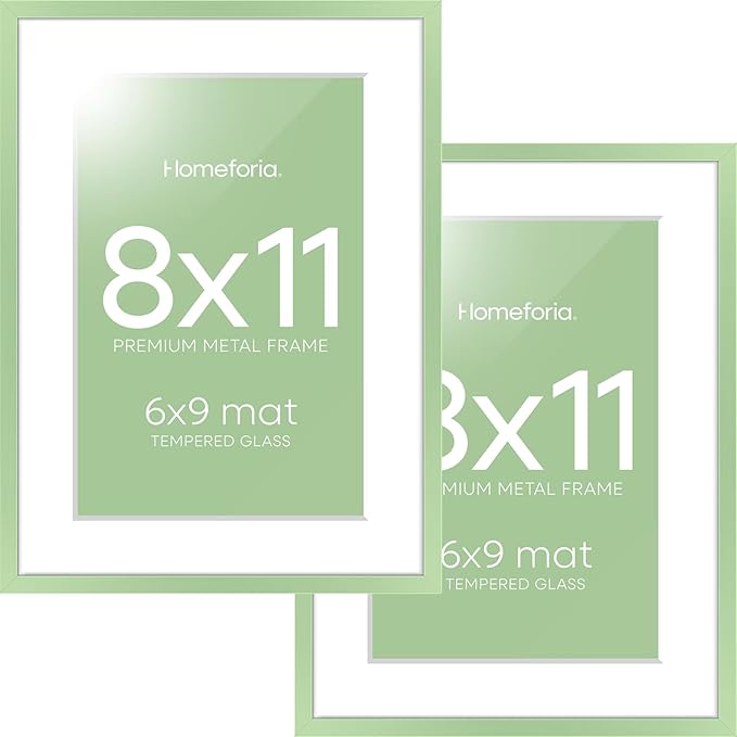 Homeforia 8x11 Picture Frame Sage Green, High End Metal 8 x 11 Poster Frames with Mat 6 by 9 Photo, 11x8 Frame Matted to 6x9 inch Art, 8by11 Wall or Tabletop Frames, Tempered Glass, Wall Kit, Set of 2