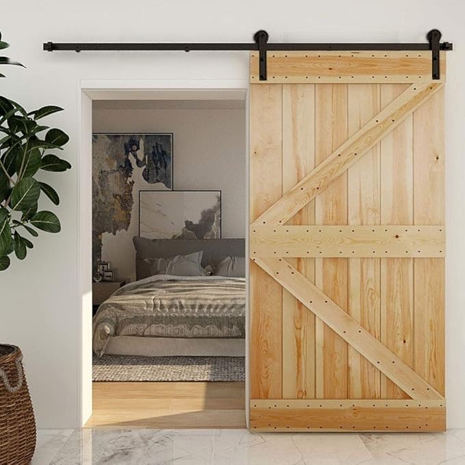 CCJH 12FT Single Sliding Barn Door Hardware Kit Black Carbon Steel Hanger Flat Track System for Closet Kitchen 1 Door 72 inch Wide, Smoothly and Quietly I Shape Roller