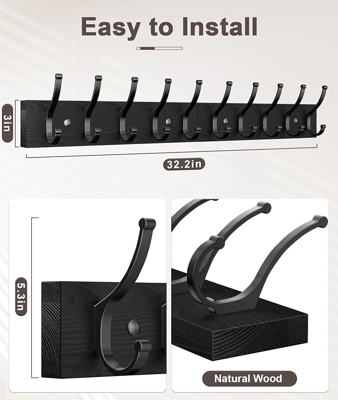 Optish 2 Pack Wooden Coat Rack Wall Mount, 16.1" Rustic Coat Hanger Hooks Wall - Image 2