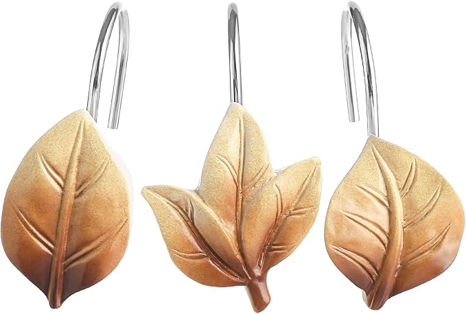 Brown Plant Leaf Shower Curtain Hooks, Eucalyptus Bathroom Decor, Metal by Gibelle