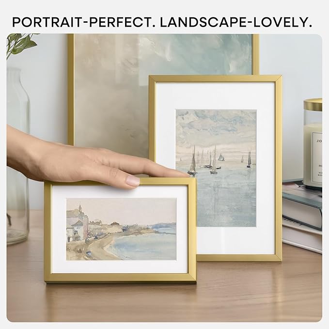Homeforia 8x12 Picture Frame Gold, High End Metal 8 x 12 Poster Frames with Mat 6 by 8 for Photo, 12x8 Frame Matted to 6x8 inch Print, 8by12 Wall or Tabletop Frames, Tempered Glass, Wall Kit, Set of 3