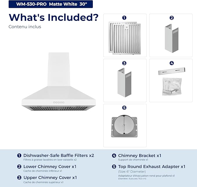 Hauslane Wall Mount Range Hood 30 Inch, Pro Model, Matt White Stainless Steel Range Hood, Strong Suction, Changeable LED Lamps, 6” Duct or Ductless, Kitchen Hood Vent, Stove Hood Vent