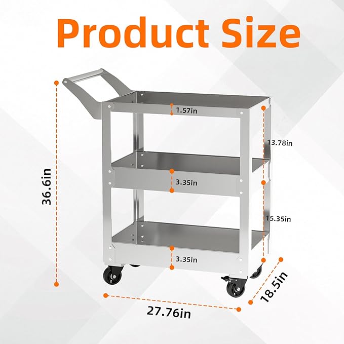 3-Tier Gauge Stainless Steel Multi-Functional cart, 1100-pound Heavy-Duty Wheeled Service cart, Wheeled Rolling Tool cart, Suitable for Mechanics, garages, workshops, Warehouses