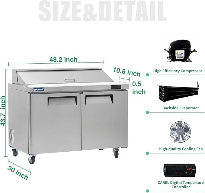 ICECASA 48" W Commercial Refrigerator Sandwich&Salad Prep Table 2 Door Stainless Steel Counter Fan Cooling Refrigerator with 12 pans-48 Inches for Restaurant, Bar, Shop, etc