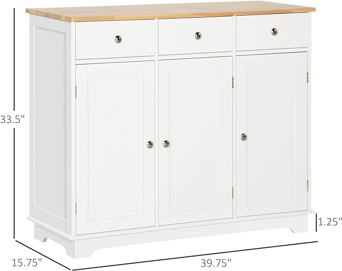 HOMCOM Sideboard Buffet Cabinet with Solid Wood Countertop, Modern Kitchen Storage Cabinet, Coffee Bar Cabinet with 3 Drawers, Doors and Adjustable Shelf, White