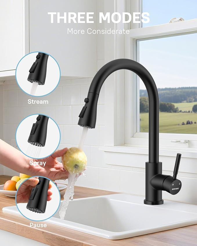 WEWE Kitchen Faucet with Pull Down Sprayer and Soap Dispenser, Stainless Steel Kitchen Sink Faucets, 3-Mode High Arc Single Handle Faucet for RV Farmhouse, Matte Black
