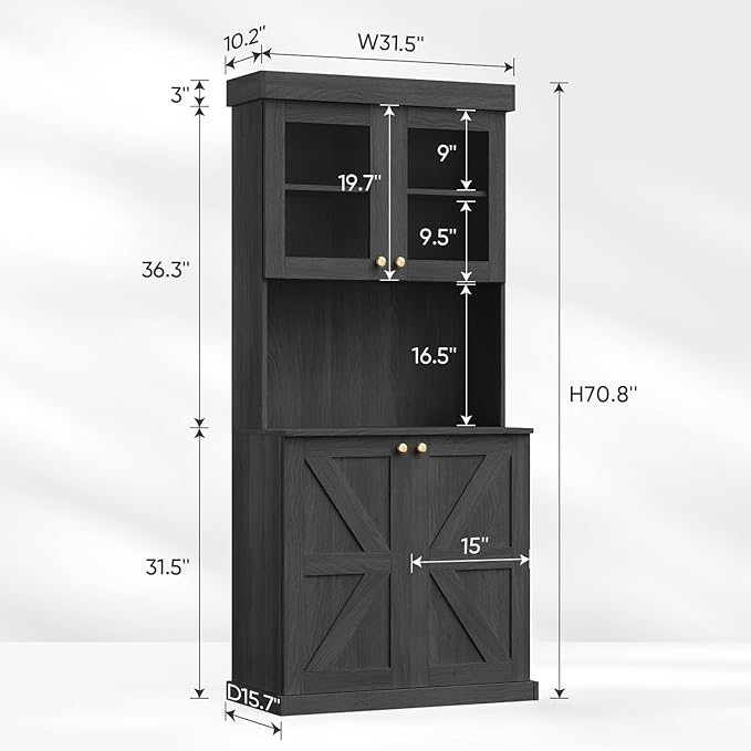 71" Tall Farmhouse Kitchen Pantry, Black Large Storage Cabinet with Glass Doors, Freestanding Coffee Bar Hutch with Microwave Stand, Adjustable Shelves for Kitchen or Living Room, Set of 4