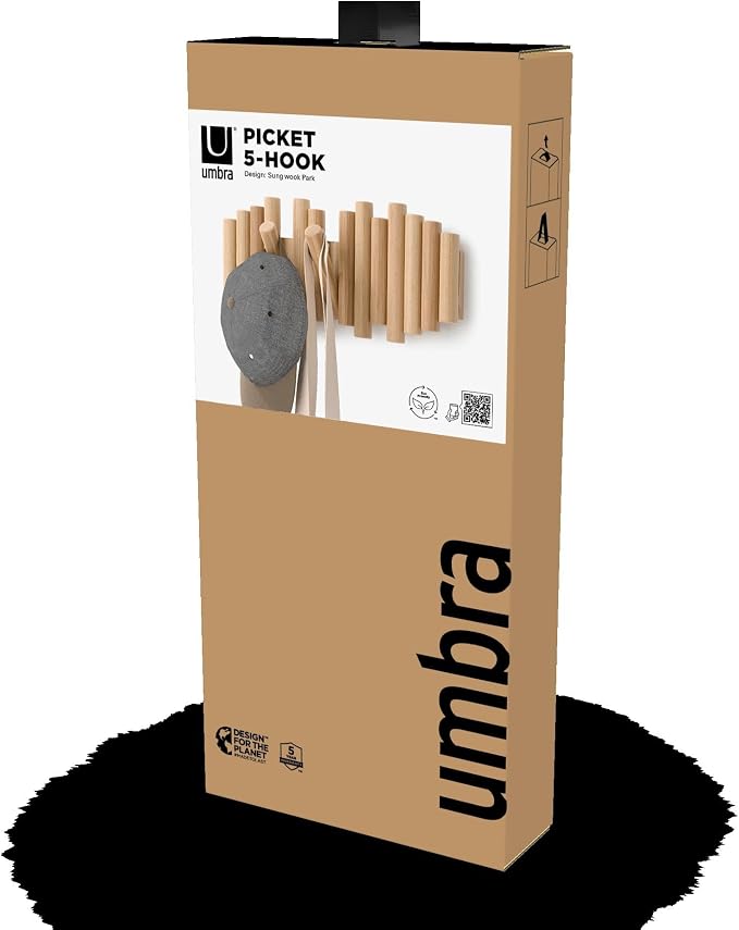 Umbra Picket Coat Rack, Wall Mount 5 Flip-Down Coat Hooks, Natural | Beveled - Image 7