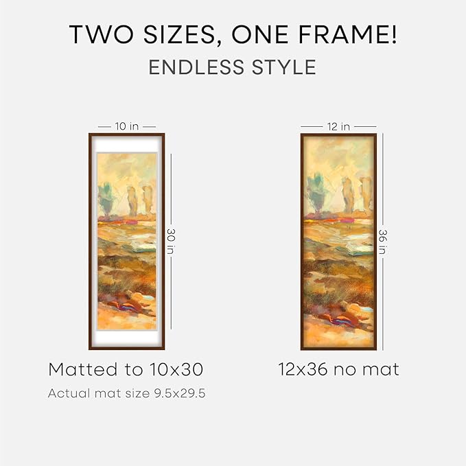 Homeforia 12x36 Picture Frame Brown, High End Dark Oak 12x36 Walnut Wood Poster Frame with Mat 10x30 Art, 12 x 36 Wooden Frame Matted to 10 x 30 Photo, 36x12 Frames, Tempered Glass, Wall Kit, Set of 1
