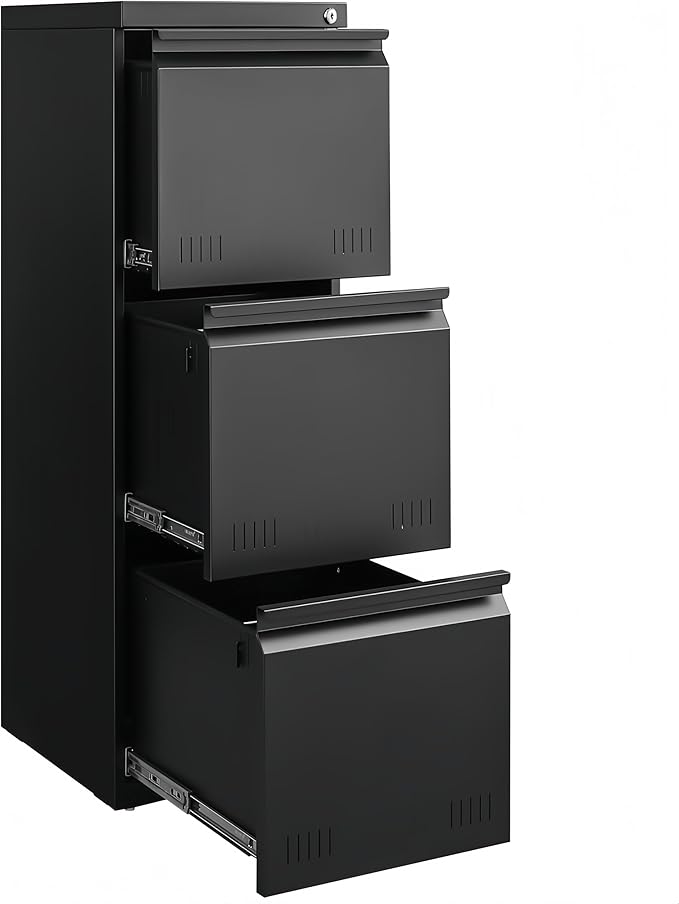 Vertical 3 Drawer File Cabient with Lock, Metal Filing Cabinets for Home Office, Heavty Duty Office Storage Cabinet for A4/Letter/Legal (Matte Black)