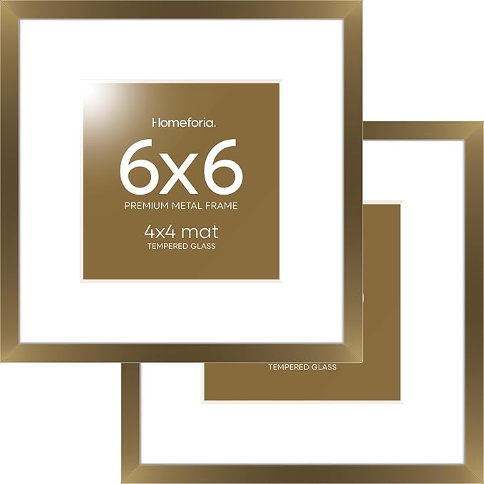 Homeforia 6x6 Picture Frames Bronze, High End Metal 6 x 6 Square Photo Frame with Mat 4 by 4, 6x6 Brass Frame Matted to 4x4 inch Print, 6by6 Wall or Tabletop Frames, Tempered Glass, Wall Kit, Set of 2