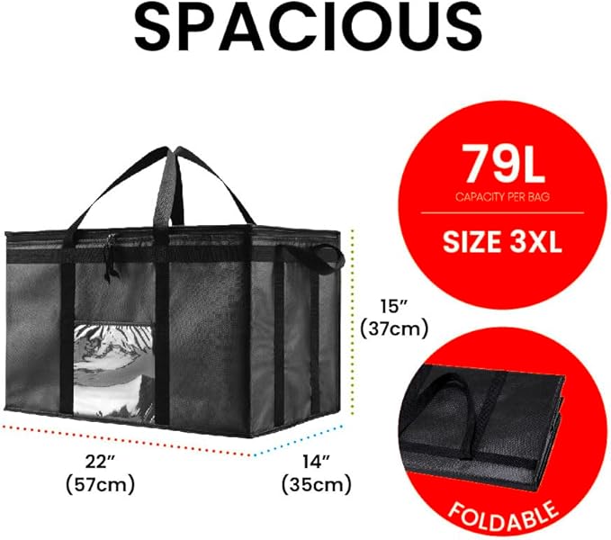 NZ home Insulated Bags for Food Delivery (3XL) Grocery Shopping Cooler Bag, Pizza Delivery, Hot & Cold Catering Tote, Reusable, Foldable & Heavy Duty (Green)