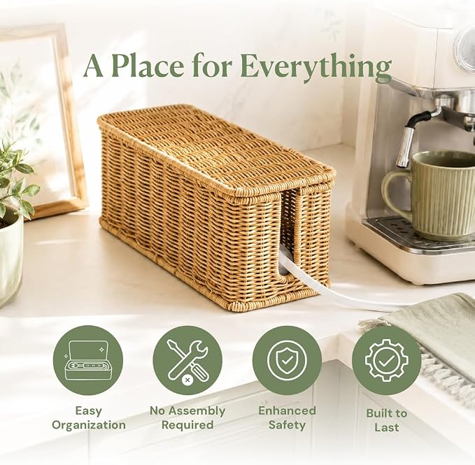 Cable Management Box, Handmade Rattan Cord Organizer - Image 3