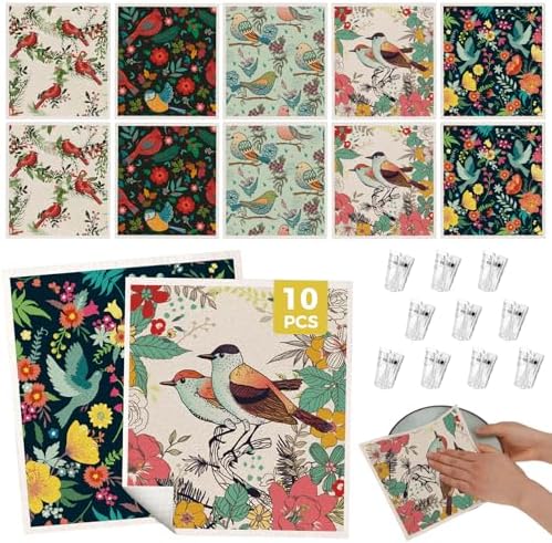 wlich 10 Pack Swedish Dishcloths, Reusable Kitchen Towels, Birds Flowers by wlich
