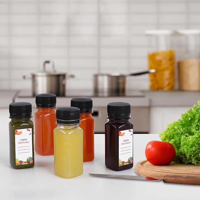 Plastic Juice Bottles 150 pcs 2 oz Empty Plastic Water Bottles with Caps Reusable Clear Beverage Containers for Drinking, Juicing, Smoothie, Water with 2 Brushes, 2 Funnels, 160 Stickers