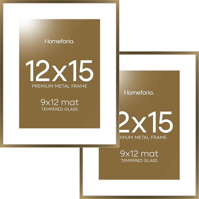 Homeforia 12x15 Picture Frame Bronze, High End Metal 12x15 Brass Poster Frames with Mat 9x12 Photo, 12 x 15 Bronze Frame Matted to 9 by 12 Print, 15by12 Thin Frames, Tempered Glass, Wall Kit, Set of 2