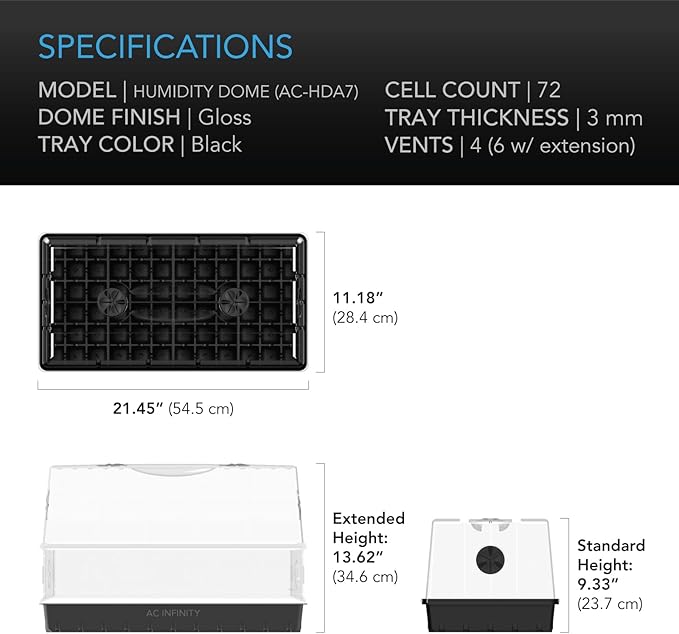 AC Infinity Large Humidity Dome, Heavy-Duty Germination Kit with 3 mm Thickest Clear Dome, Sturdy Drip Tray, 6x12 Cell Seedling Tray, Vented Height Extension Panels, for Seed Starting, Cloning Plants