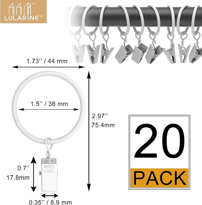 20 Pack Curtain Rings with Clips 1.5" Interior Diameter, Metal Drapery Clips - Image 2