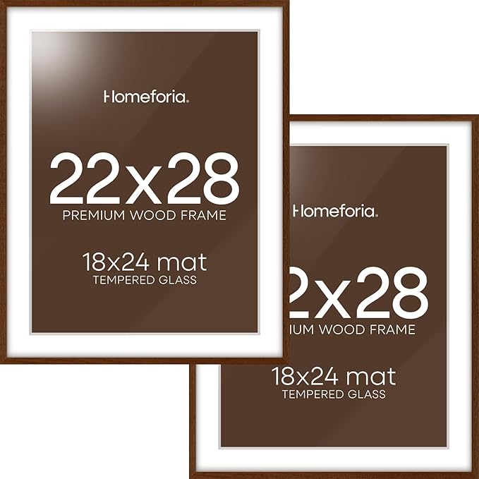 Homeforia 22x28 Poster Frame Walnut, High End Dark Oak 22x28 Large Wooden Picture Frame with Mat 18x24, 22 x 28 Brown Wood Frame Matted to 18 x 24, 28x22 Thin Frame, Tempered Glass, Wall Kit, Set of 2