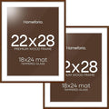 Homeforia 22x28 Poster Frame Walnut, High End Dark Oak 22x28 Large Wooden Picture Frame with Mat 18x24, 22 x 28 Brown Wood Frame Matted to 18 x 24, 28x22 Thin Frame, Tempered Glass, Wall Kit, Set of 2
