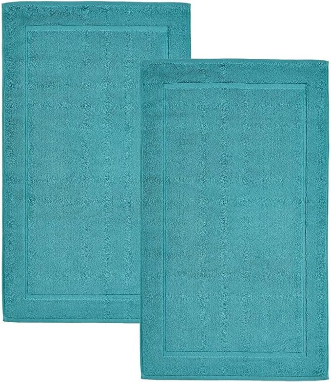 Hawmam Linen Teal Turquoise Bath Mats, 21 x 34 inches, Banded Design, Highly by HawmamLinen
