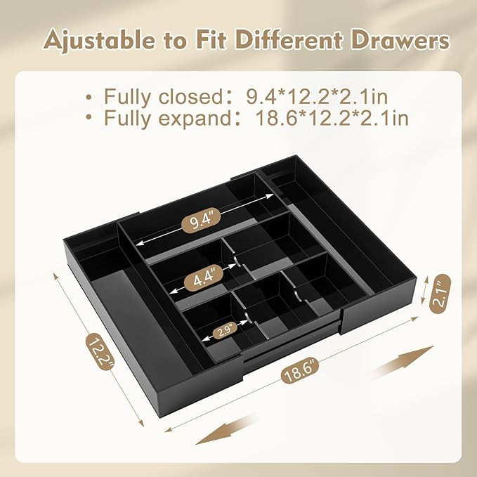 Briwooody Black Acrylic Drawer Organizer Expandable, 8 Compartments, Large | - Image 2