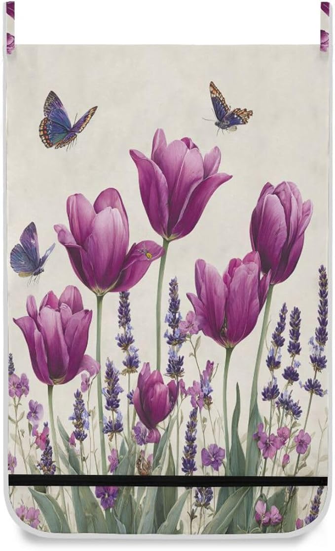 Purple Tulilp Butterfly Hanging Laundry Hamper Door Hampers Bag Basket - Image 2