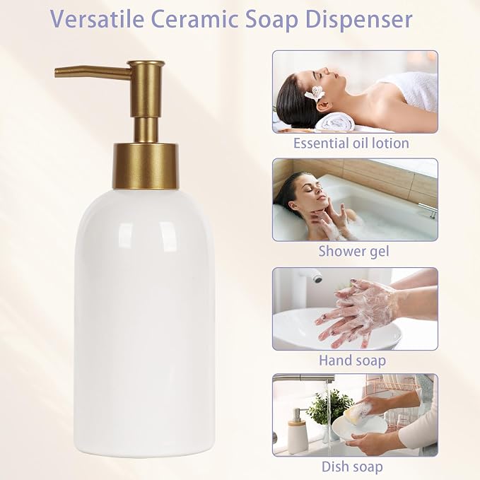 Natheeph 14OZ Ceramic Soap Dispenser Bathroom/Kitchen Can Fill Liquid-White | - Image 8
