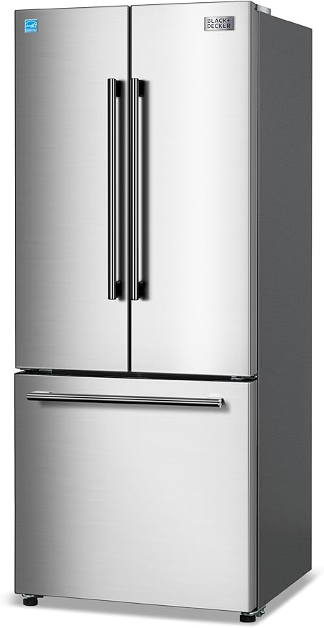 BLACK+DECKER 16 Cu. Ft. French Door Refrigerator with Built-in Ice Maker, Full Size Refrigerator with Bottom Mount Freezer Drawer, Frost Free, ENERGY STAR certified, BRF1600GIMS, Stainless Look