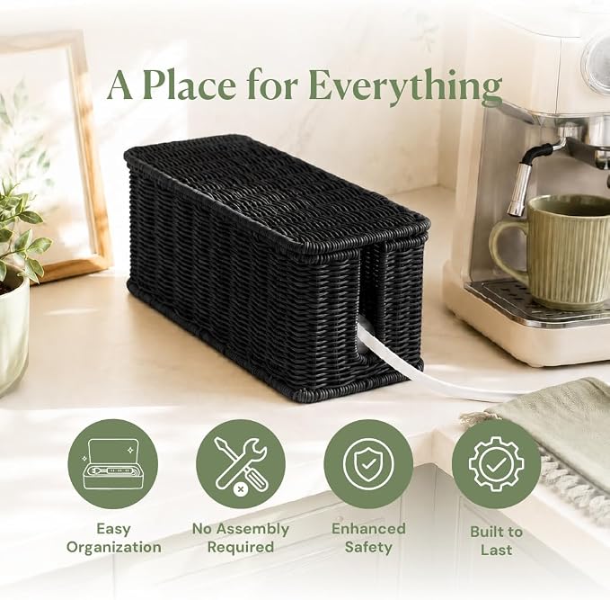 Cable Management Box, Handmade Rattan Cord Organizer - Image 3