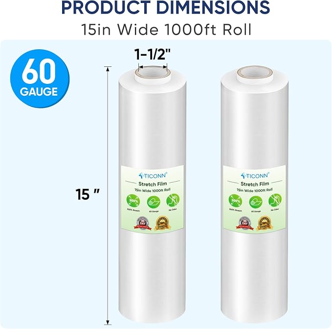 TICONN Stretch Wrap Roll, 15 in x 1000 ft Plastic Wrap - Image 2