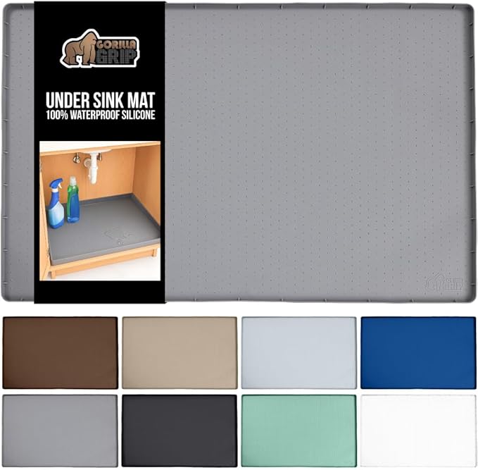 GORILLA GRIP Waterproof Silicone Under Sink Mat with Raised Lip for Kitchen and Bathroom, 31 x 22 in, Cabinet Shelf Liner Stay in Place Mats Dishwasher Safe Drawer Liner, Organizer Tray, Gray