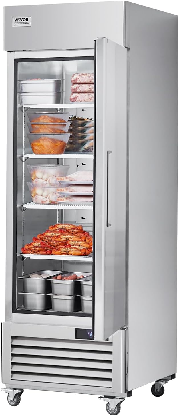 VEVOR Commercial Freezer 19.32 Cu.ft, Reach In 27" W Upright Freezer Single Door, Auto-Defrost Stainless Steel Reach-in Freezer with 4 Adjustable Shelves, -13 to 5℉ Temp Control, LED Light, 4 Wheels