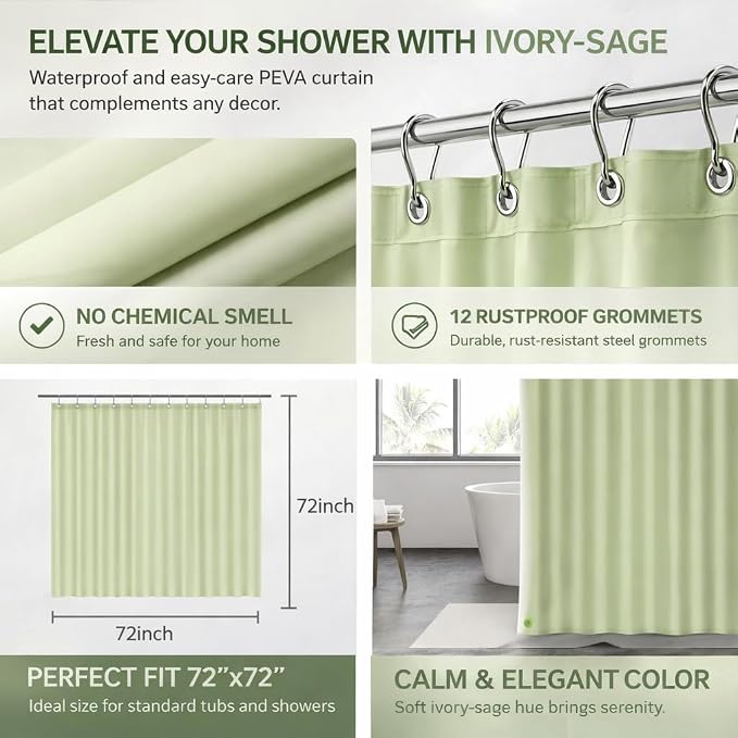 EHZNZIE Sage Shower Curtain Liner 72x72, PEVA Waterproof Bath Curtain, No - Image 3