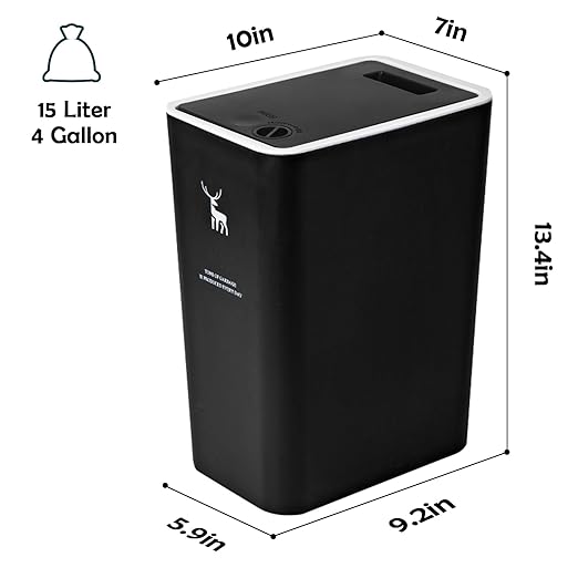 XPIY Trash Can with Lid, 2 Pack 4 Gallons/15 Liters Garbage Can with Press Top, Small Trash Can Dog Proof, Plastic Trash Bin, Waste Basket for Bathroom|Kitchen|Bedroom|Office (2, Black)