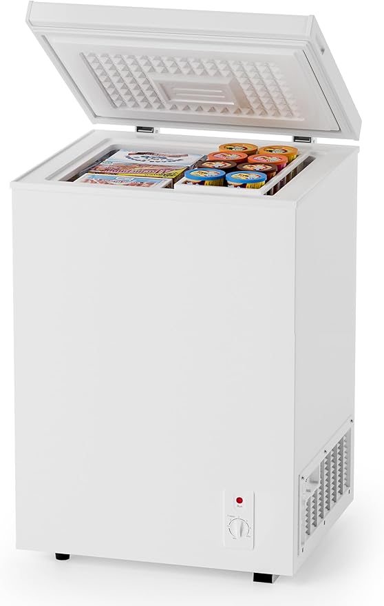 3.5 Cu.Ft Compact Chest Freezer, Energy Saving (0.36kWh/24H) & Ultra-Quiet (<40dB), with Removable Basket, 6-Temp, Manual Defrost Drain, Top Open Door Deep Freezer for Apartment, Dorm, Kitchen, White