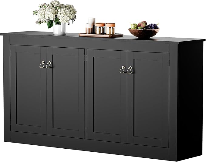 Cozy Castle Buffet Cabinet with Storage - Kitchen Storage Cabinet Wood Console Table Coffee Bar Accent Cabinets for Living Room Dining Room Entryway Black 57.5" W