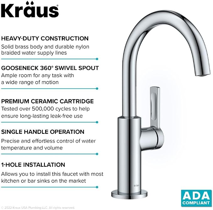 Kraus Oletto Single Handle Kitchen Bar Faucet in Chrome, Kitchen Sink Faucets - Image 8