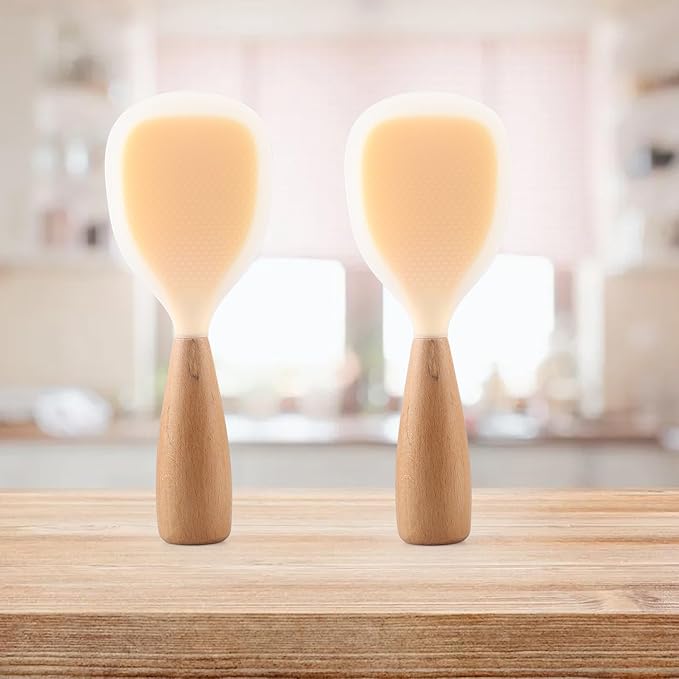 2 Pack Silicone Rice Paddle Spoon with Wood Handle, Nonstick Standing Rice Cooker Spatula Kitchen Tool, Clear