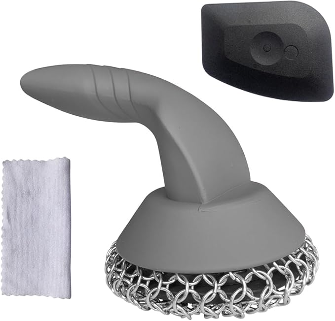 Cast Iron Scrubber with Pan Scraper & Towl, 316 Chainmail Scrubber with Long Handle, Upgraded Chain Mail Scrubber Cleaner for Grill Pan Skillet Wok Carbon Steel Dutch Oven Metal Brush (Grey)