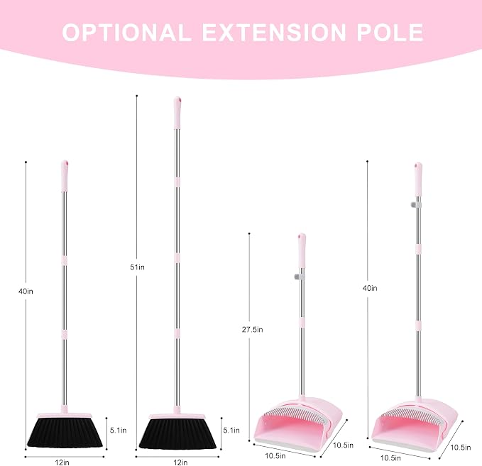 Pink Broom and Dustpan Set for Home, 52-in Long Handle Broom - Image 3