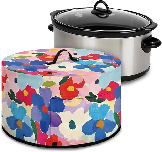 Colorful Floral Painting Print Slow Cooker Dust Cover with Side Pocket for Small Kitchen Appliance Dust Protection Kitchen Dust Cover Easy to Clean, 16 x 14 x 9.6 inch