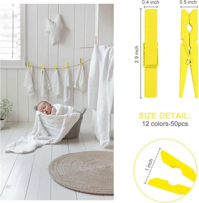 Colored Clothes pins 2.9inch 50PCS Yellow, Colorful ClothesPins Wooden Clips - Image 5