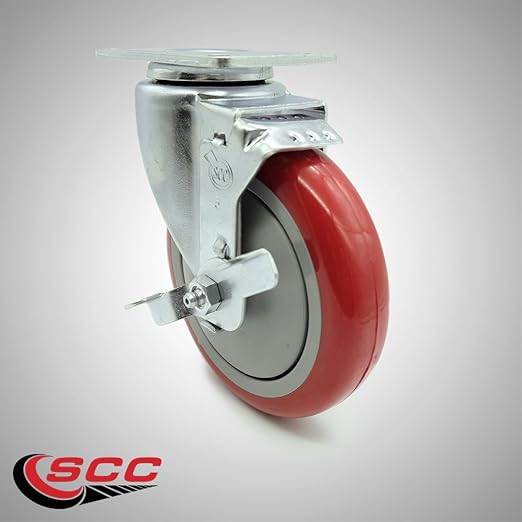 Service Caster Brand Replacement Caster for Uline Caster H-7449SWB-Stainless Steel Swivel Top Plate Caster with 5 Inch Red Polyurethane Wheel and Top Lock Brake- Fits Carts and Platform Trucks H-6348
