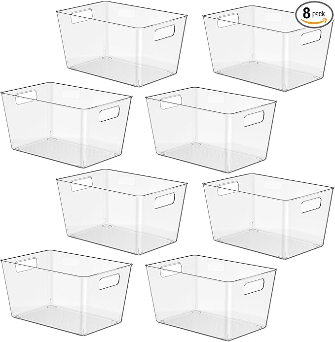 8 Pack Clear Plastic Storage Bins, 11" Large Pantry Organizer Bins with Handles, Plastic Containers for Refrigerator,BPA-Free Perfect for Kitchen,Fridge,Cabinet,Pantry,Bathroom,Closet Organization