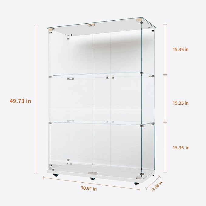 Yoluckea 3 Tiers Glass Display Cabinet with Bluetooth LED Light Strip, 2 Doors Floor Standing Curio Cabinet with Universal Wheel for Home, White Glass Bookshelf for Collections, Clear Top